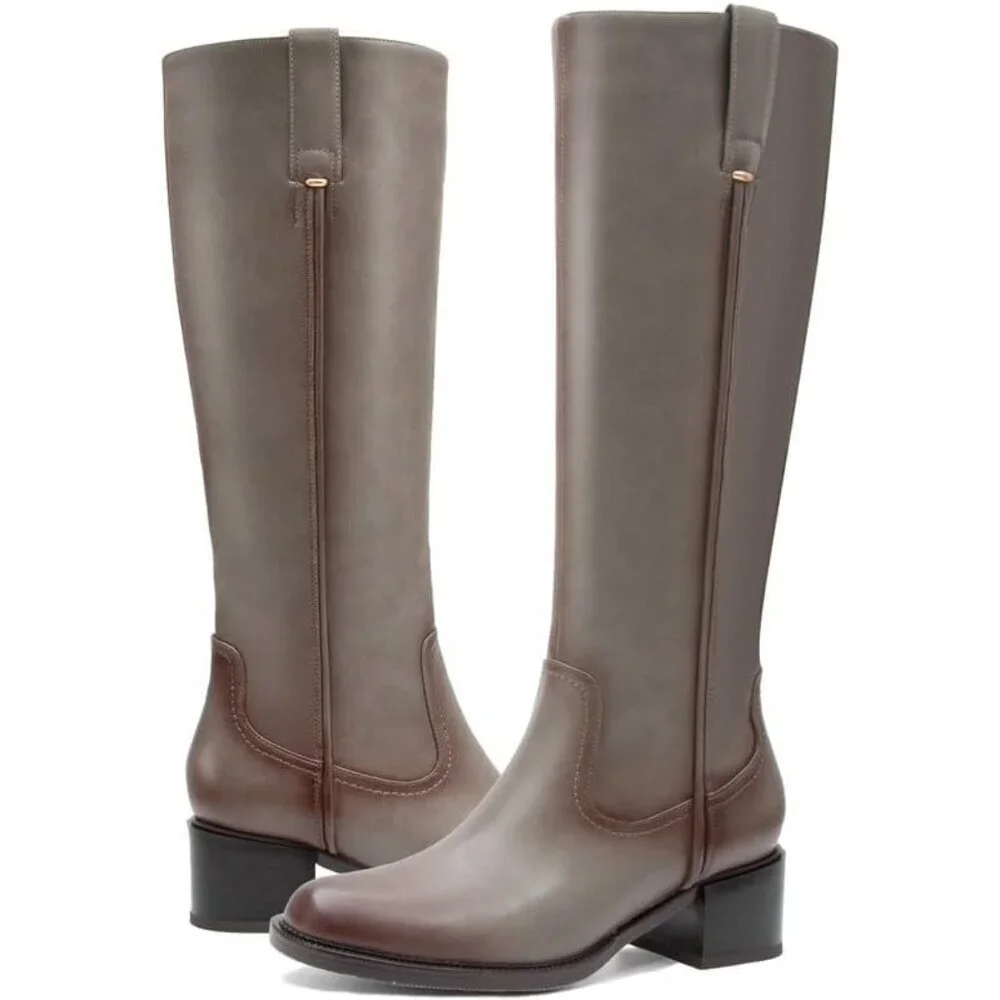 Women's Grey Chunky Low Block Heel Round Toe Faux Leather Knee High Boots